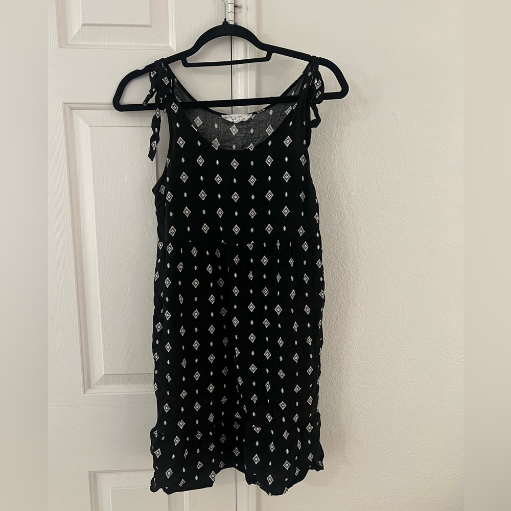 Black print dress with tie straps
